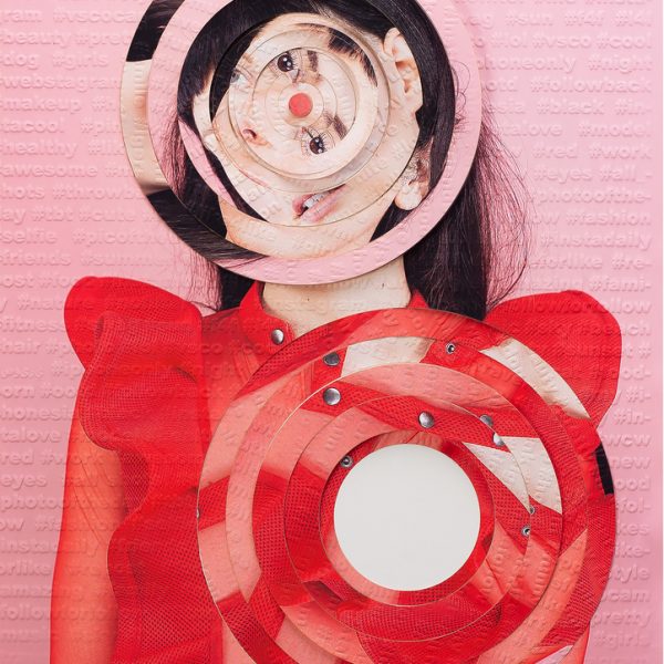 Subject #9 by Karen Navarro, a pink and red laser-cut archival pigment print embossed with Instagram hashtags. Navarro is represented by Foto Relevance, a contemporary photography gallery based in Houston, TX.